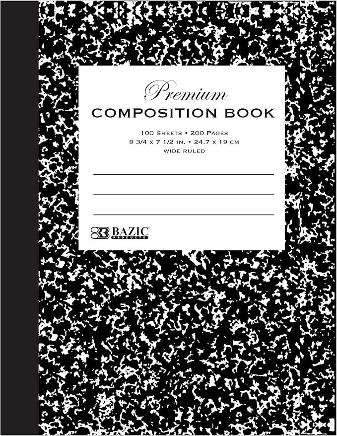 BAZIC Products Composition Book Wide Ruled 100 Sheet, Premium Black Marble Notebook, Writing Journal Comp Lined Notebooks for Office School, 1-Pack