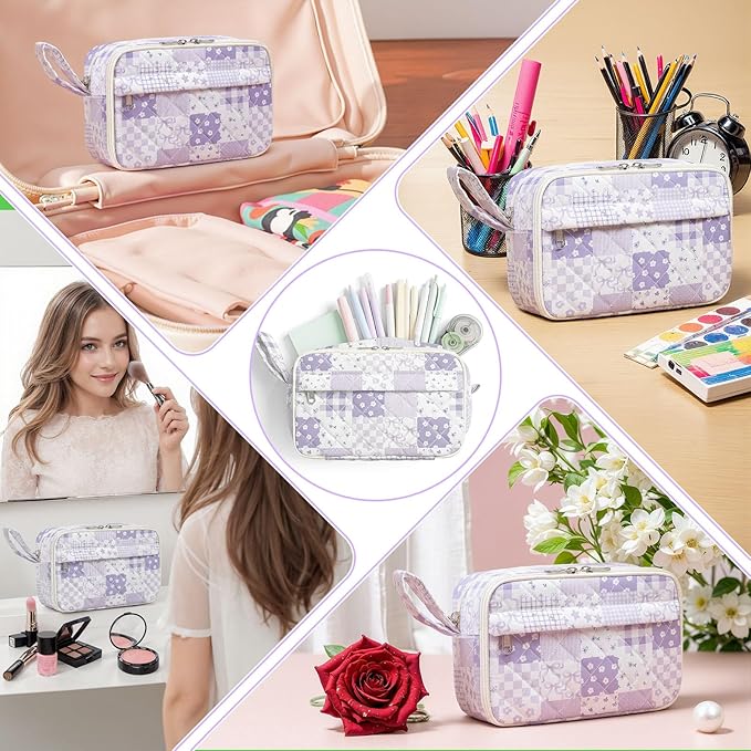 WOBAGMEN Quilted Pencil Pouch for Girls Women, Large Pencil Case Pouch with Compartments Cute Aesthetic Pencil Case Organizer, Floral Pencil Bag for School Supplies (Purple Checked Patchwoek)