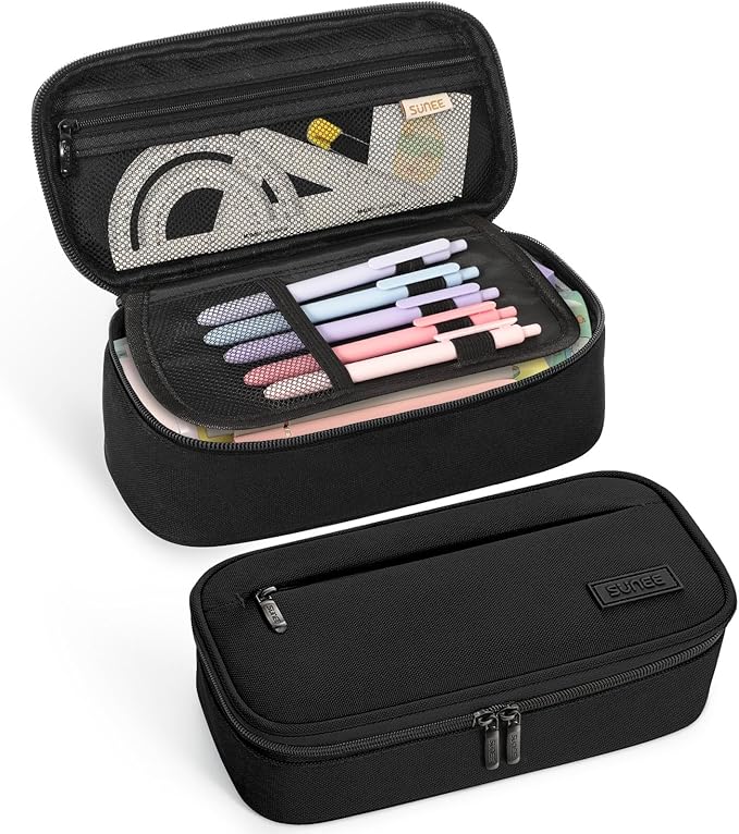 SUNEE Cute Pencil Case, Large Capacity Pencil Pouch, Big Storage Organizer for Stationery, Zipper Pen Bag, Back to School Supplies, Office Organizer Makeup Bag, for Teen Girl Boy Men Women, Black
