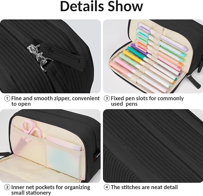Sooez Big Capacity Pencil Case Pen Pouch, Soft Corduroy Pencil Bag with 3 Compartment, Multiple Pockets, Sturdy Zipper, Cute School Supplies Pen Bag Organizer For Teen Girls College, Black
