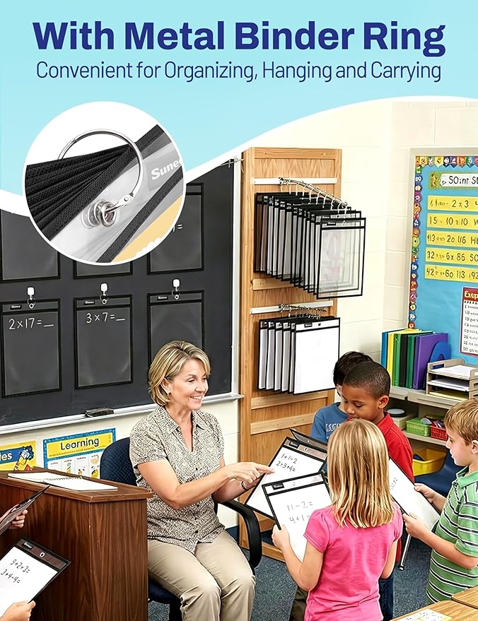 SUNEE 30 Packs Oversized Reusable Dry Erase Pocket Sleeves with 2 Rings, Black 10x14 Ticket Holders, Clear Plastic Sheet Protectors, Teacher School Classroom Supplies