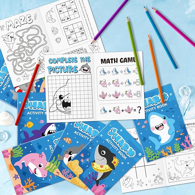 JAPBOR Shark Activity Coloring Books - 24PCS Mini Ocean Animals Color Activities Book Bulk for Party Favor, Summer Sea Animal Small DIY Colour Page for Birthday Gifts Classroom Draw Painting Game