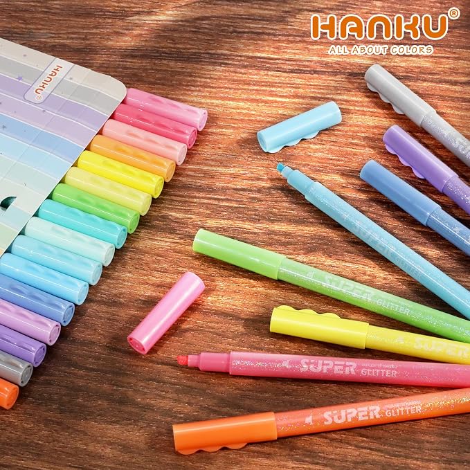 HANKU Glitter Highlighters, 16 Pack, Assorted Chisel Tip Aesthetic Markers | Smooth Shimmering Pastel Ink Perfect for Bullet Journaling, Bible Study, Adult Coloring, and School Supplies