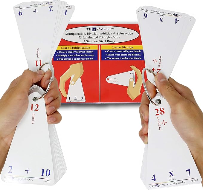 Think2Master Premium Laminated Multiplication Division Addition & Subtraction Triangle Flash Cards | 78 Dry Erasable Flashcards. Includes 2 Rings.