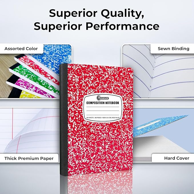 Rosmonde 5000 Pack (Pallet) Composition Notebooks Bulk, Wide Ruled, 100 Sheets (200 Pages), 9-3/4 x 7-1/2, Wholesale Orders, Bulk Supplies for School Districts, Assorted Notebooks, 4-7 Days Transit
