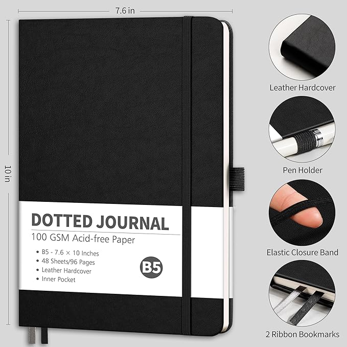 RETTACY Dotted Journal Notebook, 96 Pages, B5 Medium Size (7.6'' x 10''), Leather Hardcover, 100 GSM Thick Paper, for Journaling, Planning, Tracking (Black)