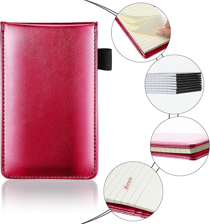 Outus 10 Pcs Mini Pocket Notepad Holder Set Included Small Leather Pocket Notebook Holder with 50 Lined Sheets, Metal Pen, 8 Pcs 3 x 5 Inch Memo Book Refills, 30 Lined Paper Per Note Pad (Rose Red)