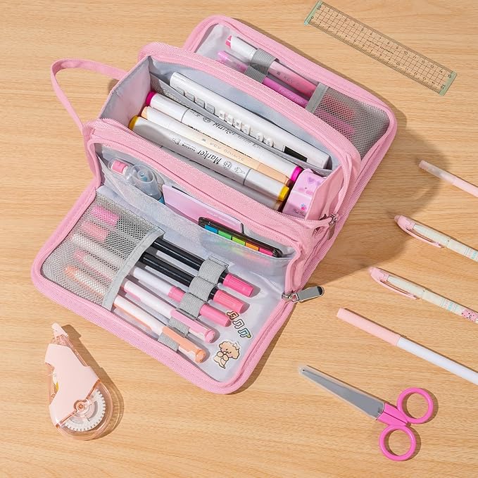 Sooez Large Pencil Case, Big Capacity Pencil Pouch Pen Bag with 3 Compartment, Portable Canvas Stationery Organizer with Zipper, Cute Aesthetic School Supplies for Teen Girls College, Pink with Plaid