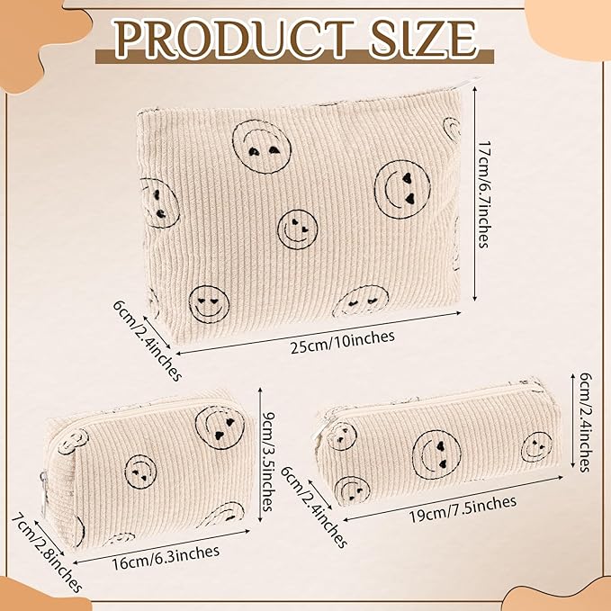 Huhumy 3 Pcs Makeup Bag Set for Women Corduroy Cosmetic Pouch Aesthetic Smile Travel Toiletry Bag Cute Purse Pouch Pencil Case Makeup Brushes Storage Organizer with Zipper(Beige,Smile Face)