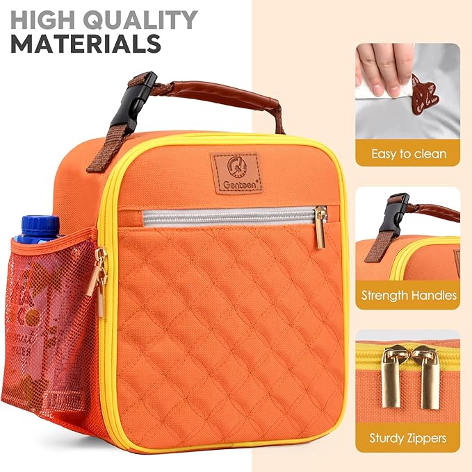 Genteen Lunch Box Reusable Lunch Bag for Men Women Kids Adults,Insulated Lunch Bag Waterproof Lunch Box Cooler,Small LunchBox With Side Pockets for Work Office School Travel Picnic-Orange