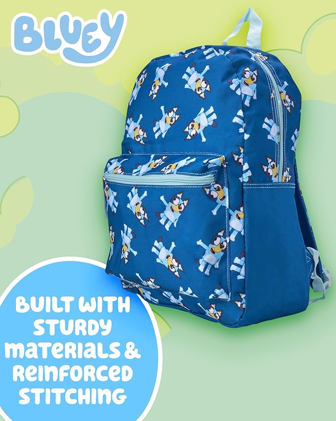 Fast Forward Bluey Kids Backpack - 16 Inch Bookbag Elementary Backpack for School Girls & Boys with Adjustable Padded Straps, Bluey Blue/Aop