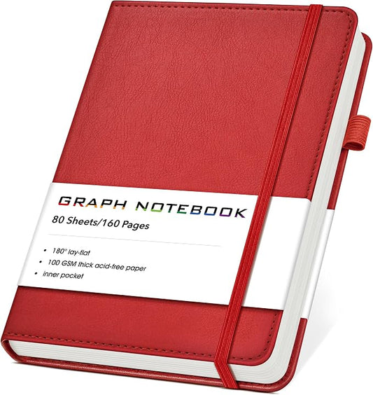 A5 Leather Hardcover Graph Paper Notebook, 160 Pages (5 Squares/Inch), 180° Lay-Flat Binding, 100 GSM Thick Paper, for Math, Engineering, Students & Technical Work (Wine Red)