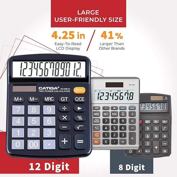 CATIGA 12 Digit Desk Calculator, Desktop Calculators with Large LCD Display & Big Buttons, Dual Power Solar & Battery, Standard Basic 4 Function Calculator for School, Office, Home