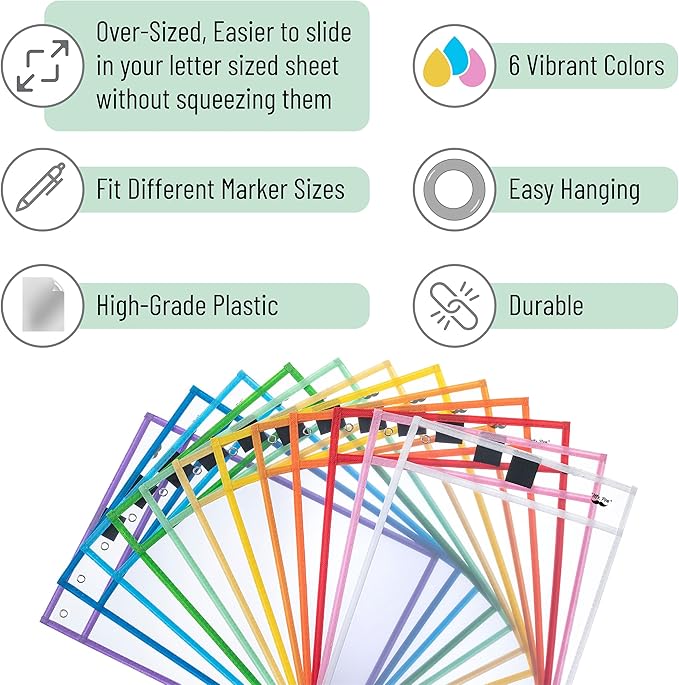 Mr. Pen- Reusable Dry Erase Pocket Sleeves, 10" x 14", 24 Pack, Colorful, Clear Plastic Paper Sleeves, Ticket Holders, Clear Plastic Sheet Protectors, Teacher, School, Classroom Supplies
