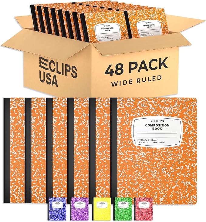 Composition Notebook Wide Ruled Composition Notebooks Bulk Orange Marble Hard Cover Wide Ruled Notebook Paper Note Books For Schools Marble Composition Books 100 Sheets 200 Pages 9.75” x 7.25” (48 Pack, Orange)