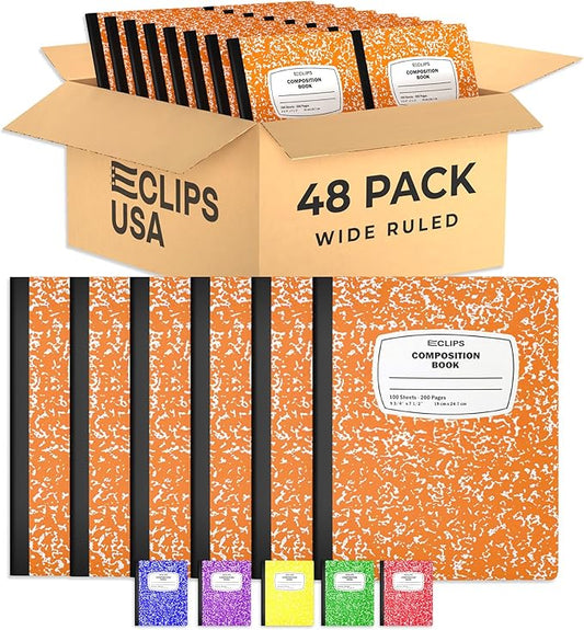 Composition Notebook Wide Ruled Composition Notebooks Bulk Orange Marble Hard Cover Wide Ruled Notebook Paper Note Books For Schools Marble Composition Books 100 Sheets 200 Pages 9.75” x 7.25” (48 Pack, Orange)