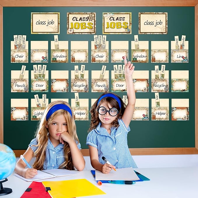 112 Pcs Travel Theme Bulletin Board Decor Adventure Class Jobs Chart for Classroom Bulk with 48 Pockets & 60 Cards Teacher's Helper Posters Writable Labels for Class Management & School Supplies