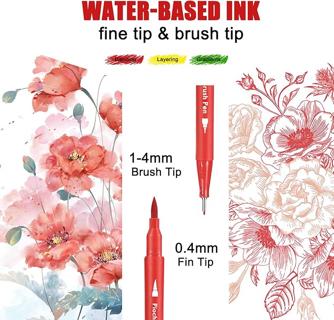 Piochoo Art Brush Markers Pens for Adult Coloring Books, 24 Colors Dual Tip (Brush and Fine Point) Marker Pen for Journaling Note taking Planner Hand Lettering Art Suppliers