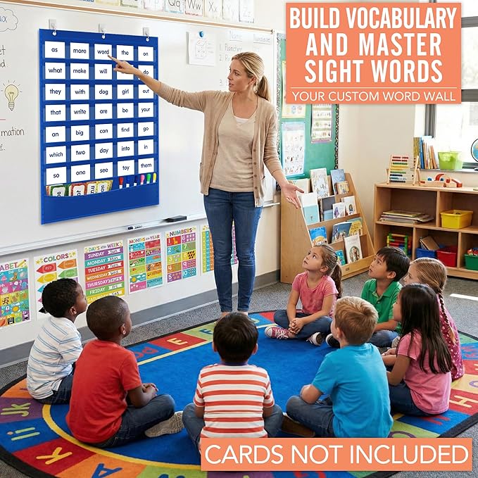 Pocket Chart for Classroom - 7+1 Blue Pocket Chart for Alphabet Learning Word Wall Calendar Daily Schedule Sentence Strips Sticker Display, Teacher Supplies for Preschool Elementary & Home