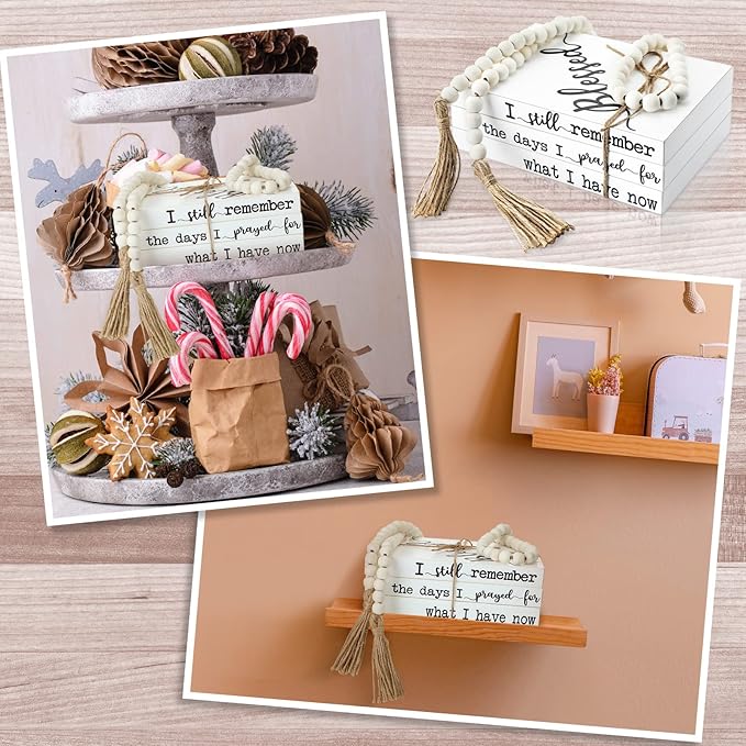 Pinkunn 4 Pcs Wooden Book Stack Decor for Home Wooden Decorative Table Bookends Mantel Book Centerpieces for Tables I Still Remember the Days I Prayed Modern Farmhouse Decor for Shelf Mantle