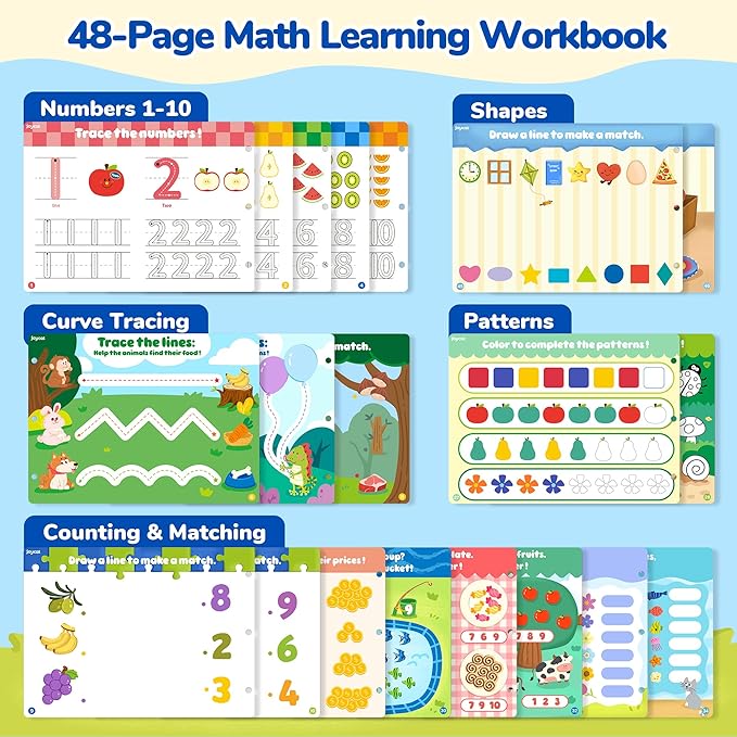 JoyCat Math Busy Book for Toddlers — Reusable Preschool Workbook with 10 Dry-Erase Markers, Number Tracing & Counting Activity Book for Kids Ages 3–8, Kindergarten Learning Activities, Travel-Ready