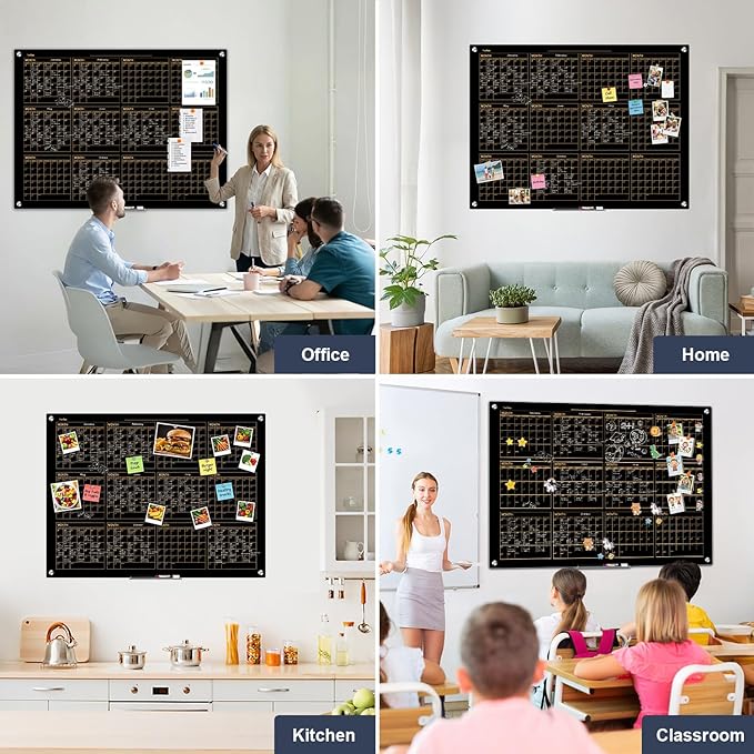 Magnetic Glass Whiteboard, 48x36 Inches Black Glass Calendar Dry Erase Board for Wall, Large Yearly Calendar White Board for Office School Home Classroom Kitchen