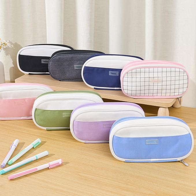 Sooez Large Pencil Case, Expandable Pencil Bag Pouch, Pen Bag with Zipper | Ample Storage, Durable Canvas, Smooth Zippers, Portable Handle, Cute Stationery Organizer, Makeup Bag, School Supplies, Girls