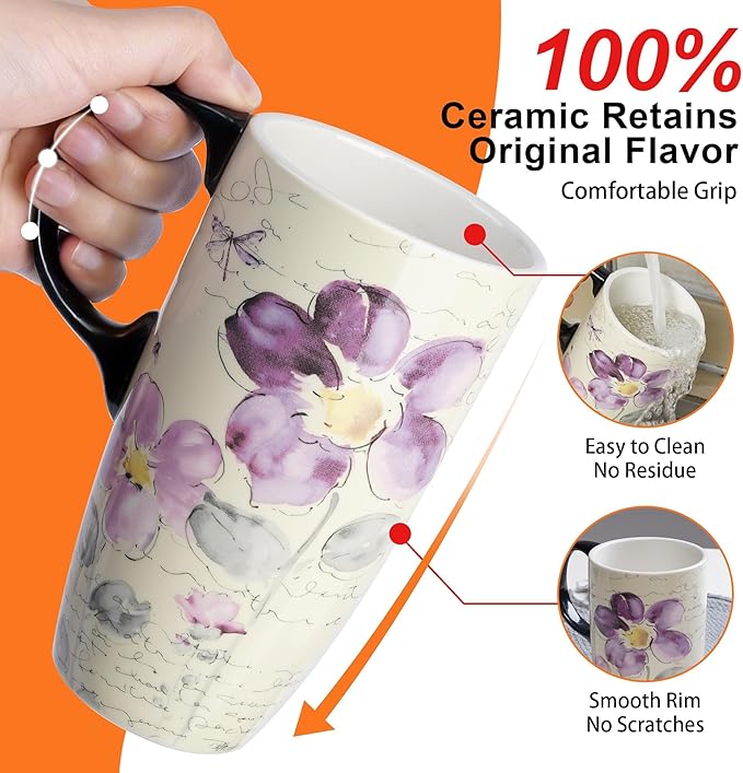 Topadorn Tall Ceramic Travel Mug 17 oz. Coffee Cups Sealed Lid With Color Box (Purple Flower)