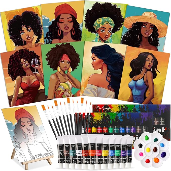 Cholemy 36 Pcs Paint and Sip Kit for Adults 8''x10'' Pre Drawn Canvas for Painting DIY Afro Acrylic Painting Kit Wood Easel Brushes Date Night Bulk for Father's Day Party Gifts(Fashion Women)