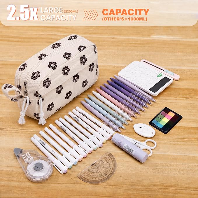 Big Capacity Pencil case,Soft Corduroy Pencil Bag with 3 Compartment,Pencil Pouch School Supplies Cute Pencil Box Pencil Bag for Teen Girls Boys College (Brown Floral)