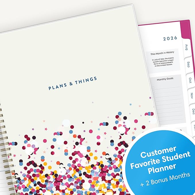 Blue Sky 2026-2027 Weekly and Monthly Academic Year Student Planner Calendar, July 2026 - June 2027, 8.5" x 11", Flexible Cover, Wirebound, Laminated Tabs, Star Confetti Bright