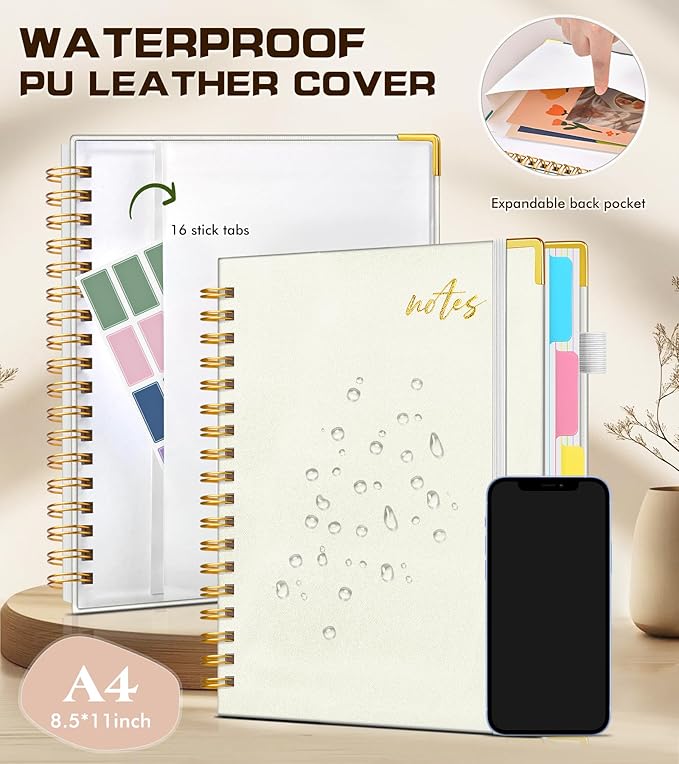 Hardcover Spiral Notebook Journal 8.5" x 11" Leather 5 Subject Notebook with Removable Dividers Tabs, 300 Pages Organizer Notebooks for Work School, College Ruled, Large Lined Journal for Women,White