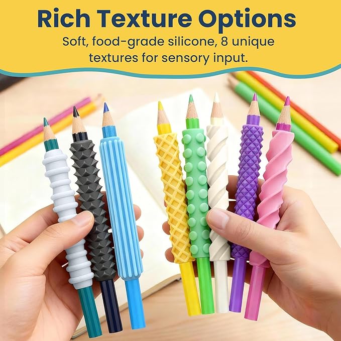 8-Pack Sensory Fidget Pencil Grips for Kids & Adults with ADHD, Autism & Arthritis – Textured Quiet Fidget Toys for Focus, Anxiety Relief & Handwriting Support at Classroom, Home or Work