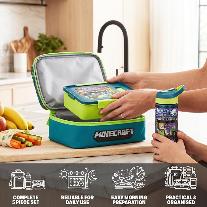 Get Trend Minecraft Kids Lunch Box 3 Pc Set with Insulated Lunch Bag, Bento Box with Two Mini Pots & 20 fl oz Water Bottle with Straw for School, Picnic, Creeper Gamer Gifts for Boys (Multi Minecraft)