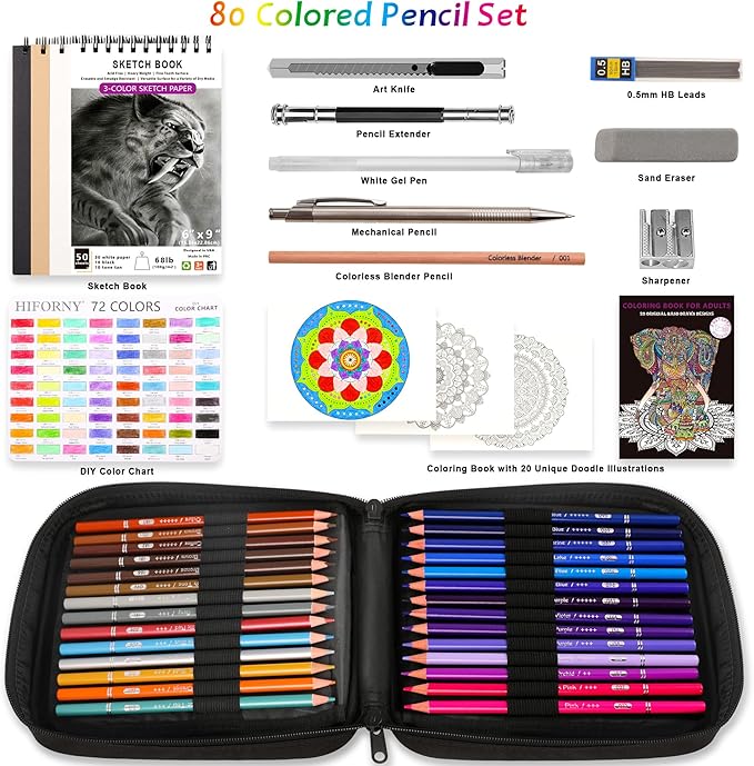 HIFORNY 80 Colored Pencils Set for Adults Coloring – 72 Colors Coloring Pencils with Extras,Artists Soft Core,Drawing Pencils Art Craft Supplies for Adults Beginners