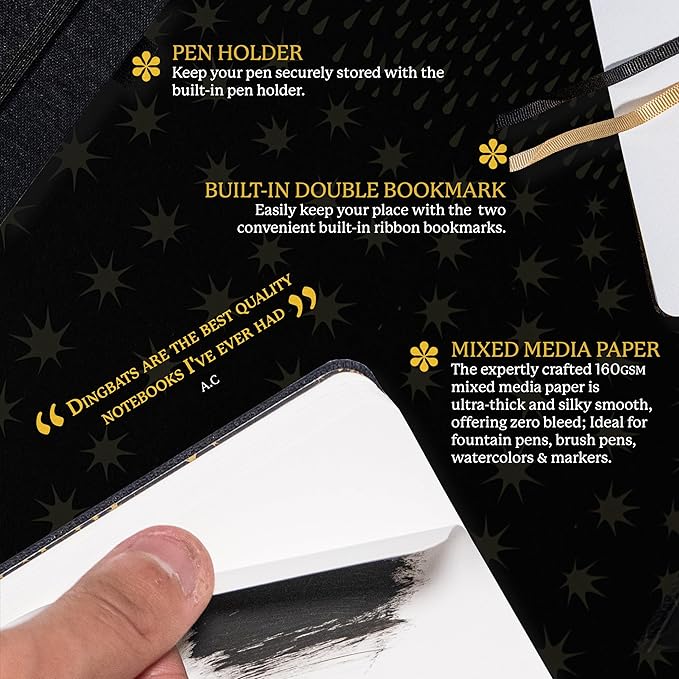 Dingbats* Pro Plain Large B5 Notebook - Black Textile Cover, Thread-Bound Writing Journal - for Work, Travel - Pocket, Elastic Closure, Bookmark
