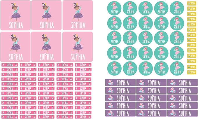 Andaz Press Custom Personalized Waterproof School Name Labels, Ballerina, 120-Pack, Kids Labels Combo Pack, Customizable Multi-Use Name Stickers Back to School Supplies Custom Name Stickers