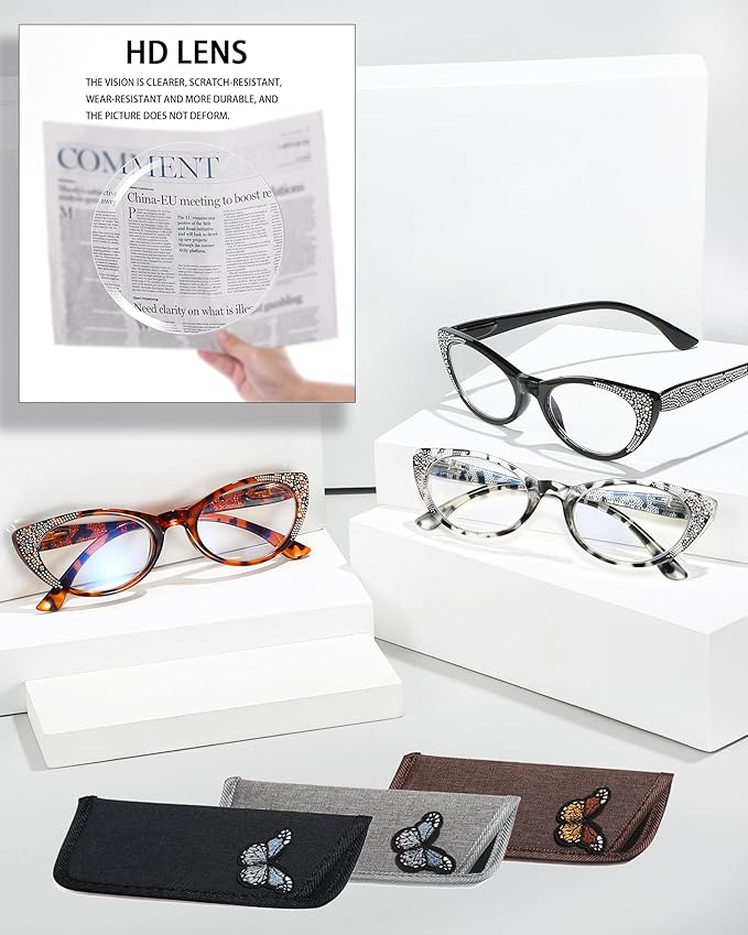 EYEURL 3-Pack Cat Eye Reading Glasses for Women Blue Light Blocking Computer Readers with Rhinestones Anti UV Rays Eyeglasses with Spring Hinges 2.75