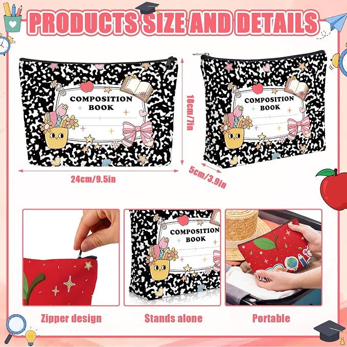 Reginary 12 Pcs Back to School Gifts Makeup Bags, School Bus & Pencil Print Bulk Cosmetic Pouches, Teacher Appreciation Zipper Pouch for Women, Classroom & Travel Supplies