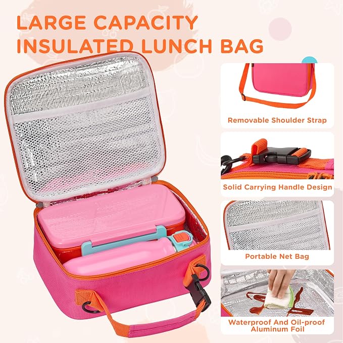 MAISON HUIS Bento Box for Kids with 8oz Soup Thermo, Insulated Lunch Bag & 17oz Water Bottle, 2-Compartment Bento Box with Built-In Ice Pack, Leak-Proof & BPA-Free (Pink)