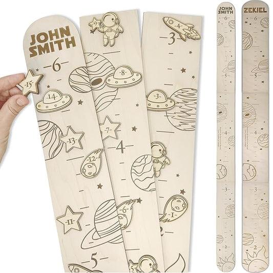 Wooden Height Chart for Wall - Personalized Boy Growth Chart, Custom Name Space Ship Theme Height Ruler Wood, Nursery Growing Wall Meter for Children, Large Baby Growth Chart Solar System, 2 Sizes