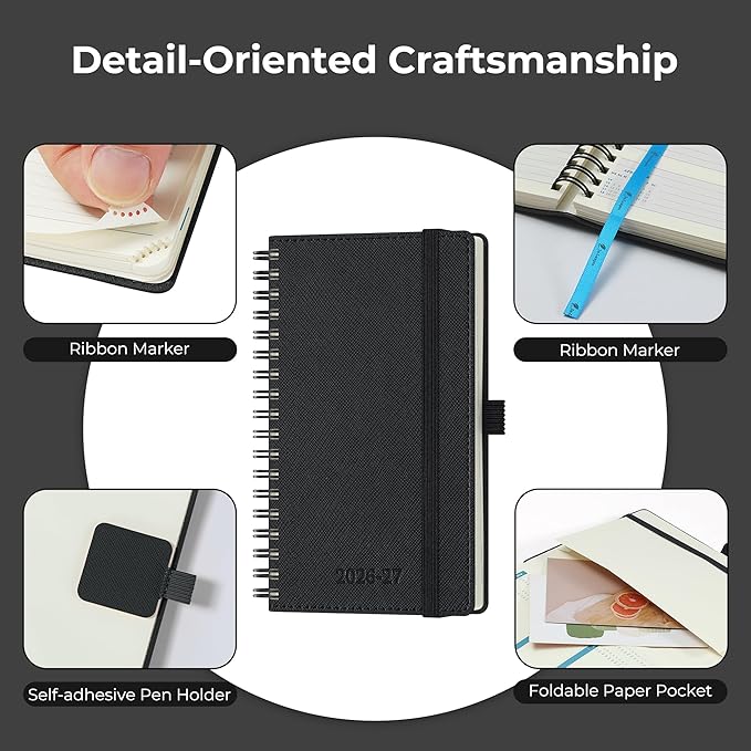 Planner 2026-2027 Daily Weekly and Monthly,6.5"x3.75",18 Months Spiral Bound Calendar Agenda with Self-adhesive Pen Holder,2026 Academic Plan with Vegan Leather Soft Cover,Black