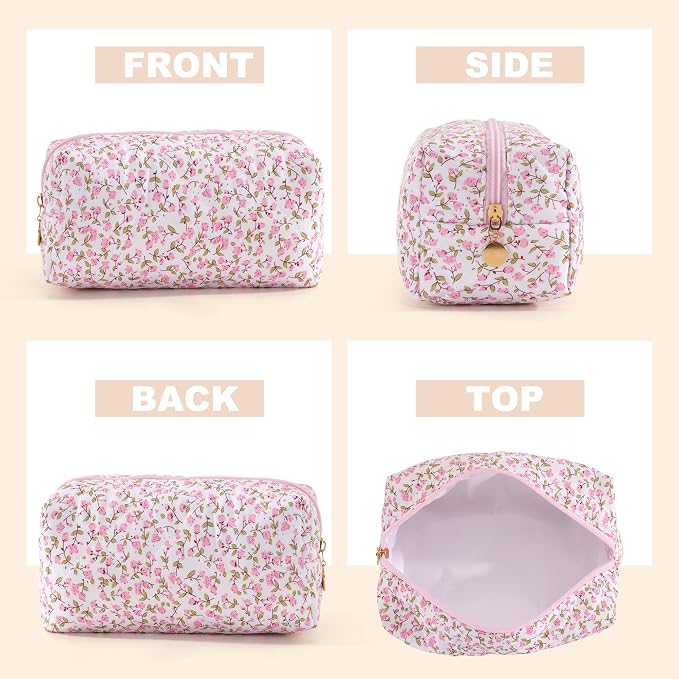 Makeup Bag Travel Toiletry Bag for Women, Small Cosmetic Bags Cute Quilted Cotton Makeup Pouch for Purse Emergency Bag Floral Pencil Case Accessory Bag, Pink