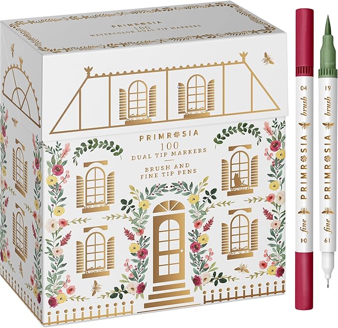 PRIMROSIA 100 Dual Tip Marker Pens, Fineliner and Watercolor Brush Pens for Art Sketching Illustration Calligraphy or Journals Drawing Coloring