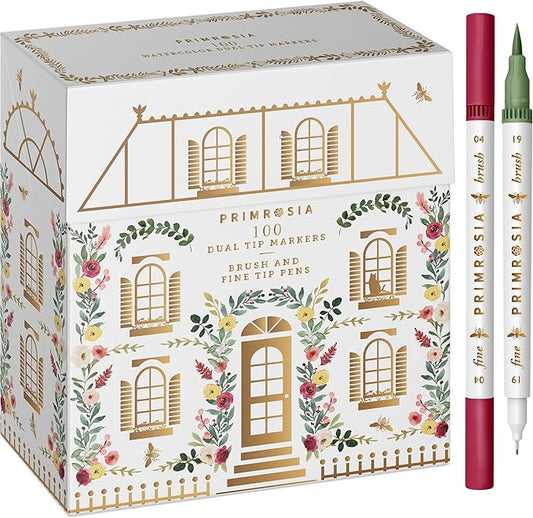 PRIMROSIA 100 Dual Tip Marker Pens, Fineliner and Watercolor Brush Pens for Art Sketching Illustration Calligraphy or Journals Drawing Coloring
