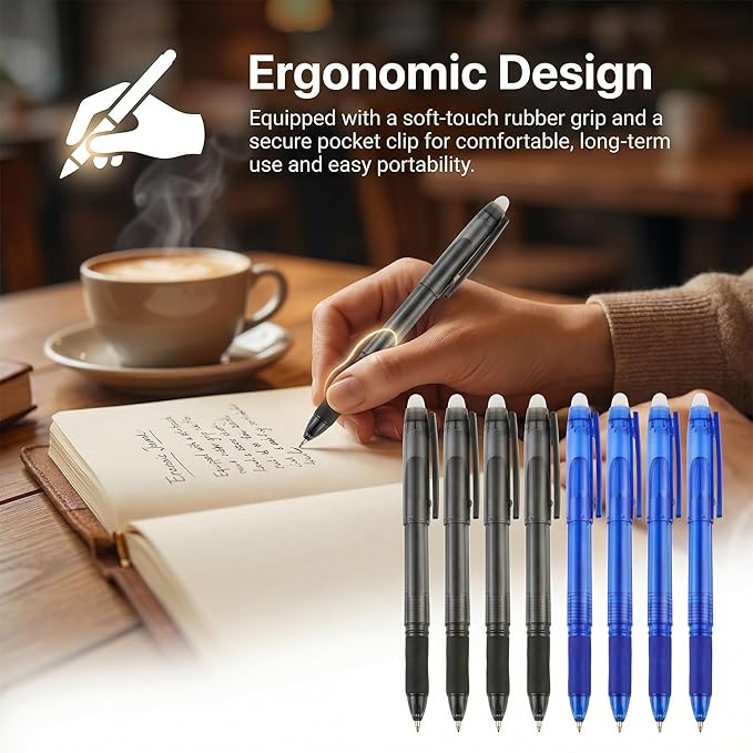 Volcanics 12 Pack Erasable Gel Pens, 0.7mm Capped Friction Pens for Note Taking and Crosswords, 6 Soft Black and 6 Blue Ink Pens with Soft Comfort Grip for Home and Office