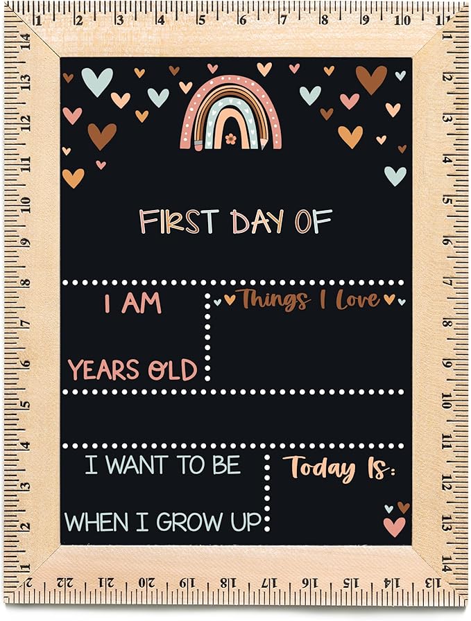 First Day of School Sign (11.5"x15"), Reusable Chalkboard, Easy to Clean with Real Wooden Ruler Frame, Perfect for Back to School, First Day of Kindergarten (Rainbow Hearts Earthy)