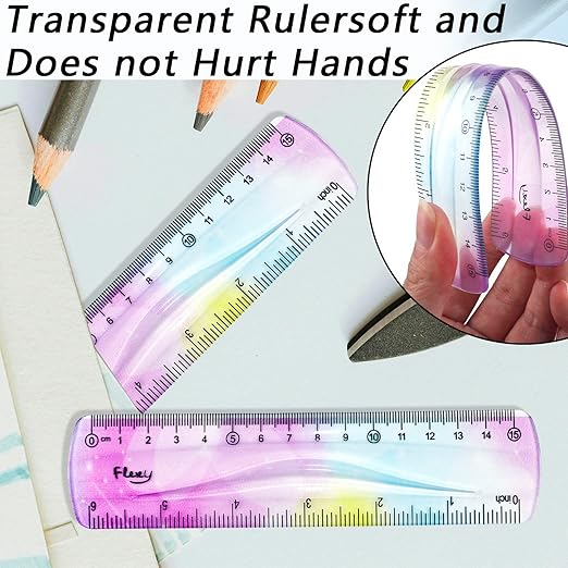 2 PCS 6 Inch Flexible Ruler, Bendable Plastic Ruler, Soft Bendable Gradient Colour Rulers with Centimeters and Inches for Student School Classroom Office Supplies