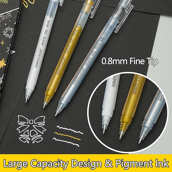 MARTCOLOR Gold Silver White Gel Pens, 0.8mm Extra Fine Point Opaque Archival Ink Pen for Black Paper Drawing, Art Highlight, Illustration, Bullet Journaling, Card Making & DIY Projects, 3 Pack