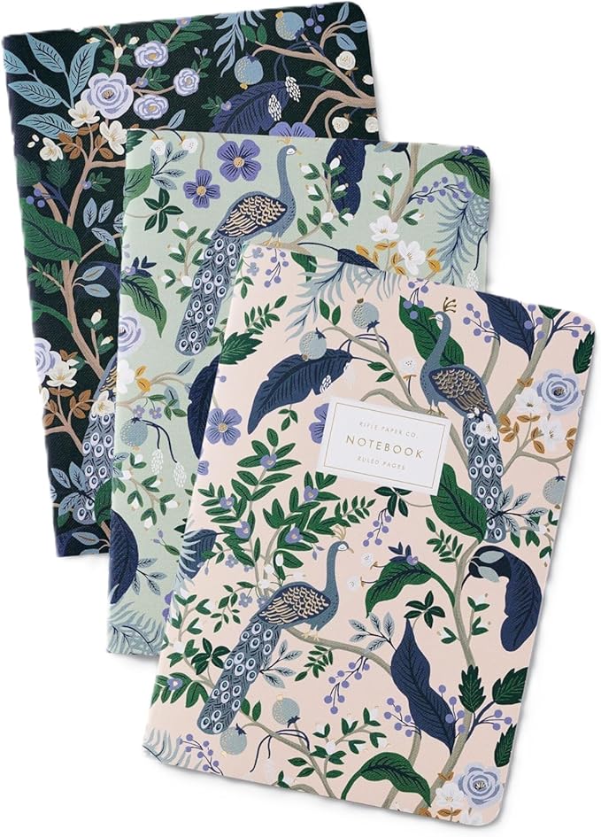 RIFLE PAPER CO. Peacock Stitched Notebook Set, Assorted Set Of 3 Colorful Notebooks, 64 Ruled Pages With Gold Ink, Full Color Canvas Cover With White Text Paper Interior (6" W × 8.5" L)